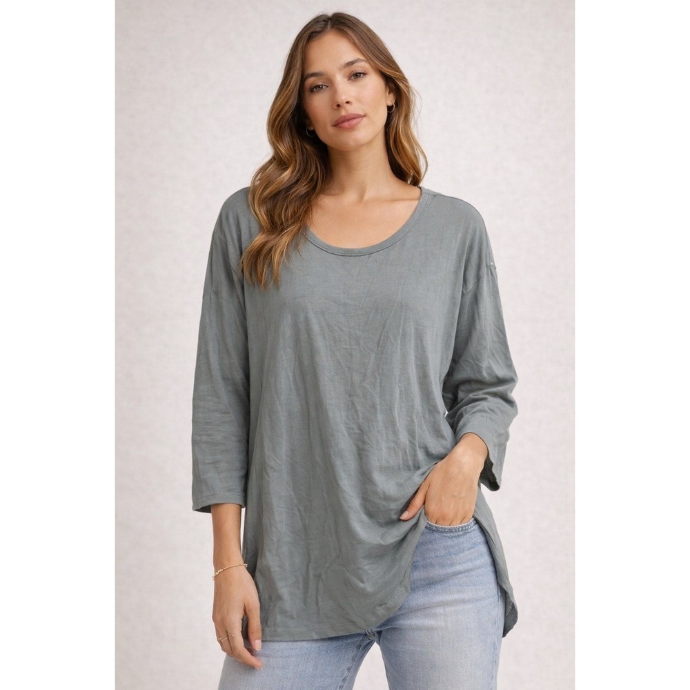 Peruvian Connection Pima Cotton Modal Tunic Top Blue Grey Medium Scoop Neck‎ 3/4